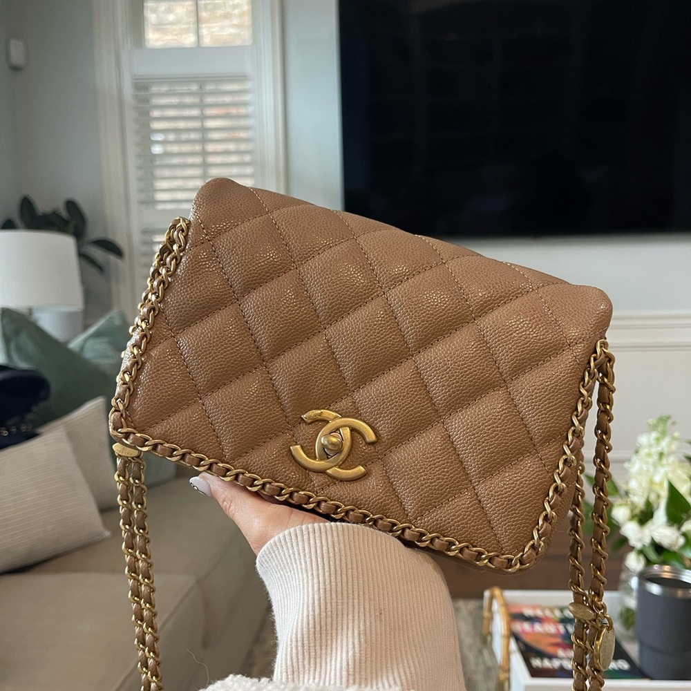 SOLD Chanel Dark beige gold chain around flap bag 22c